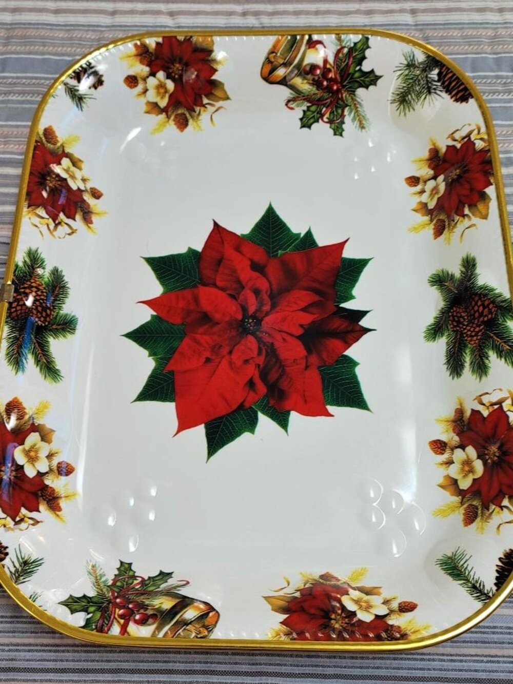 Holiday Christmas Poinsettia Heavy Duty Plastic Serving Tray Gold Trim 16x12x2